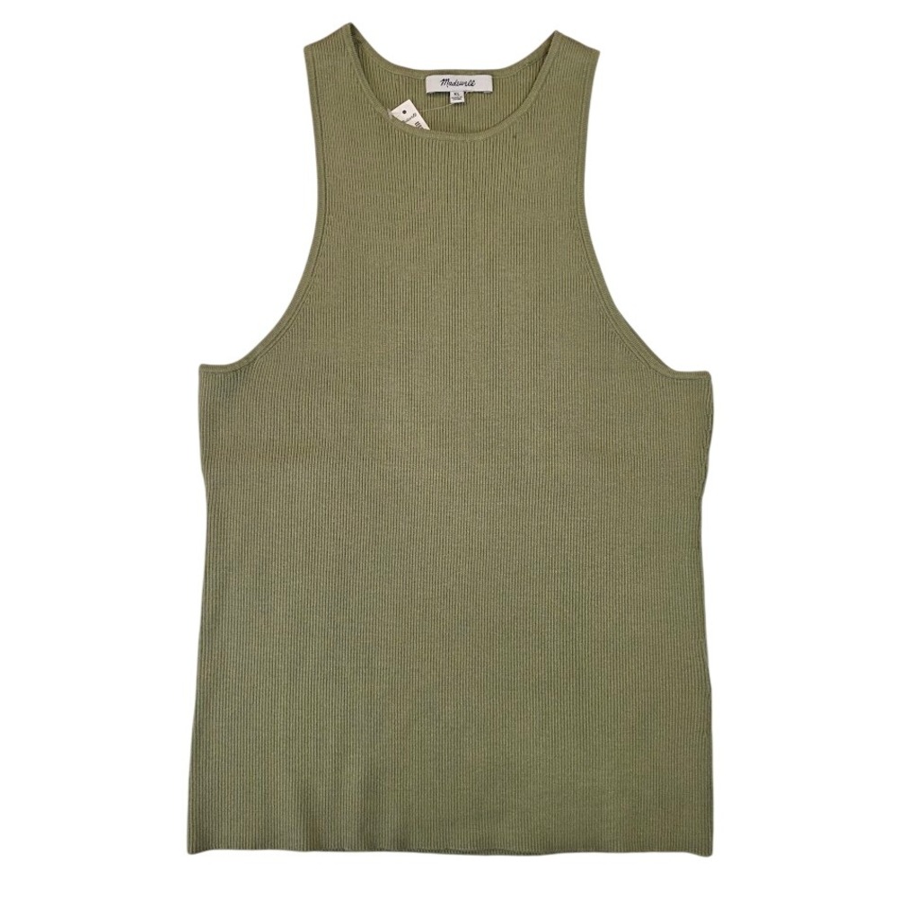 Madewell XL Signature Knit Cutaway Sweater Tank Sage Green Ribbed‎ High Neck NWT